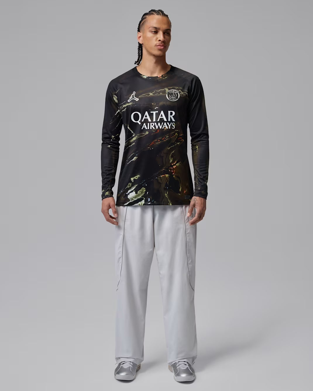 Paris Saint-Germain Jordan Brand 2025:26 Night Edition Stadium Replica Long Sleeve Soccer Jersey to Match Air Jordan 6 PSG Metallic Silver