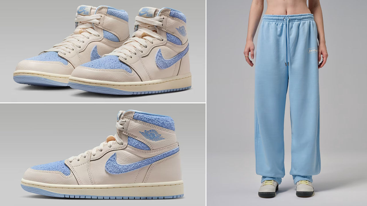 Air Jordan 1 High OG Psychic Blue x Jordan Flight Fleece Womens Baggy Pants