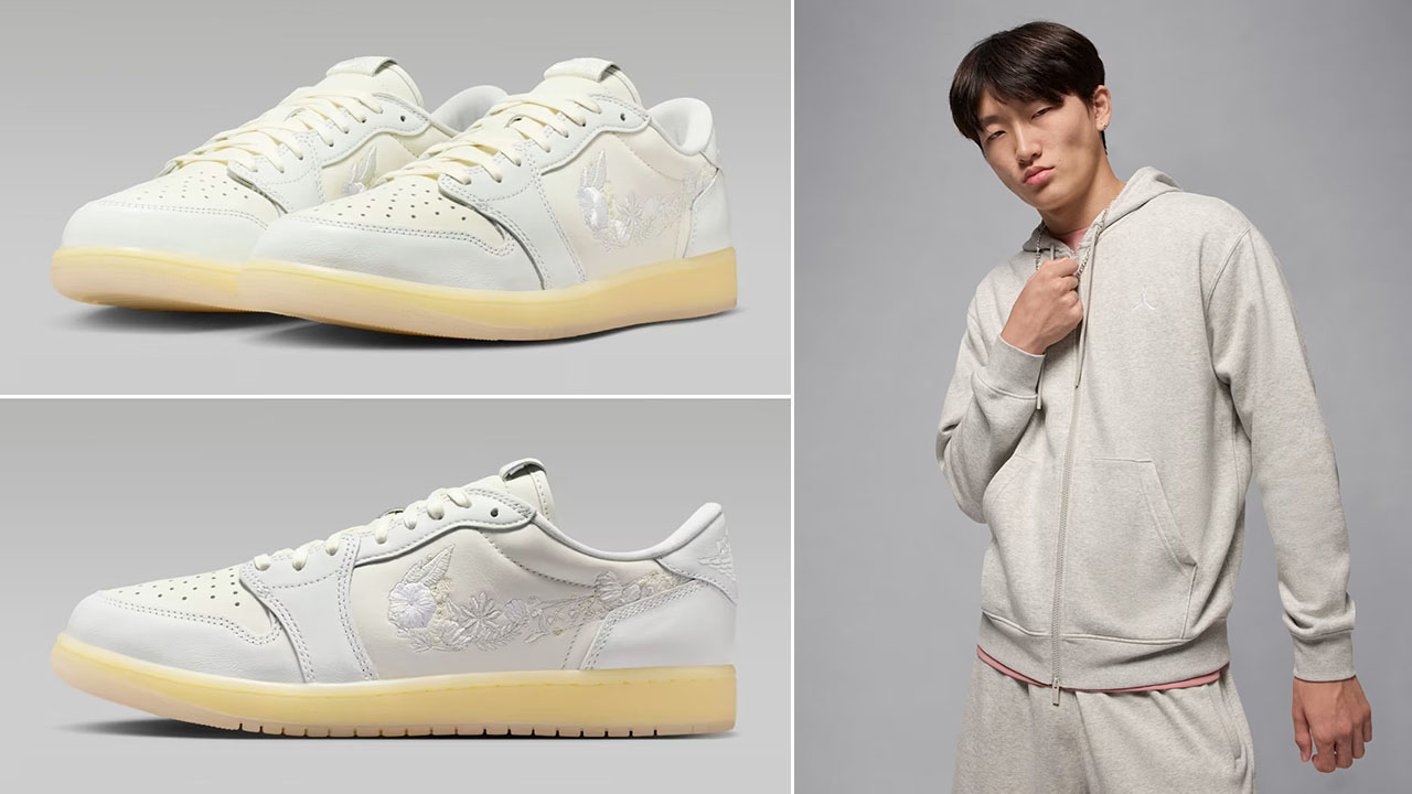 Air Jordan 1 Low OG Floral Swoosh x Jordan Brooklyn Fleece Men's Full Zip Hoodie Grey Heather