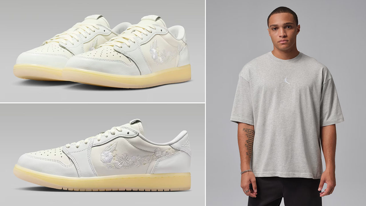 Air Jordan 1 Low OG Floral Swoosh x Jordan Flight Essentials Mens Oversized T Shirt Grey Heather