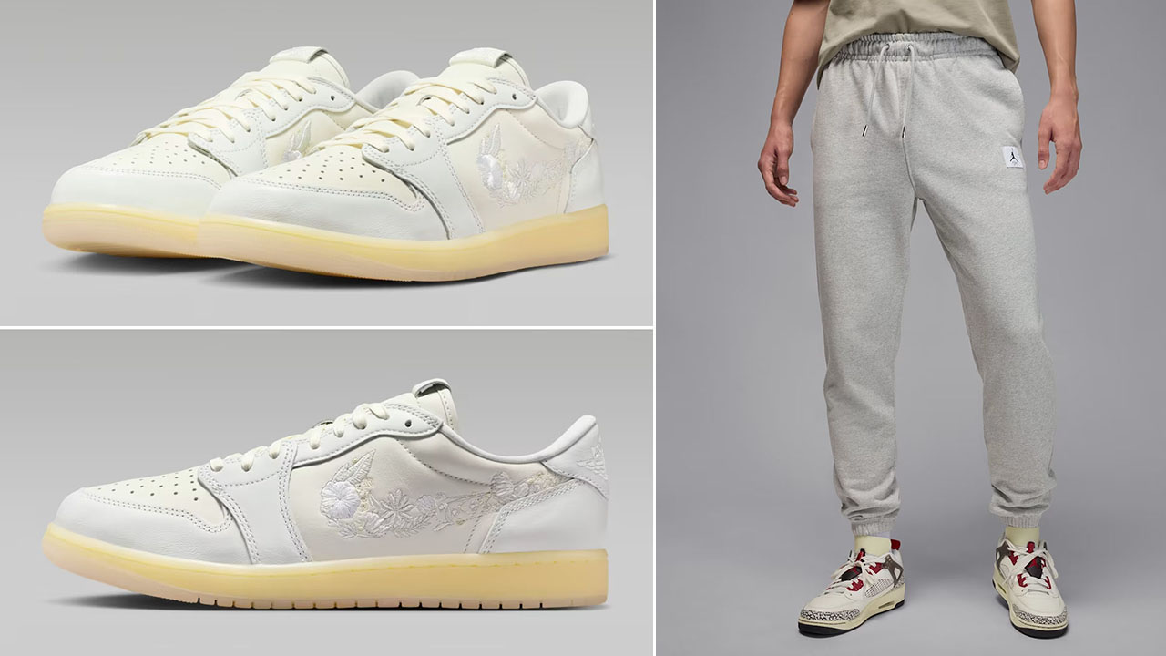 Air Jordan 1 Low OG Floral Swoosh x Jordan Flight Fleece Mens Jogger Pants Grey Heather
