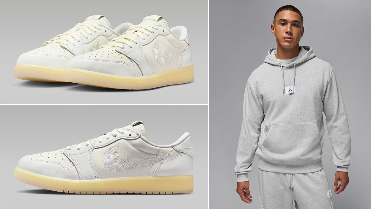 Air Jordan 1 Low OG Floral Swoosh x Jordan Flight Flight Fleece Mens Pullover Hoodie Grey Heather