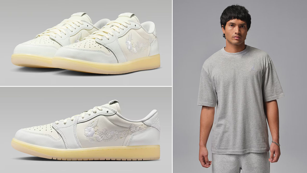 Air Jordan 1 Low OG Floral Swoosh x Jordan Jumpman Embroidered Mens T Shirt Grey Heather