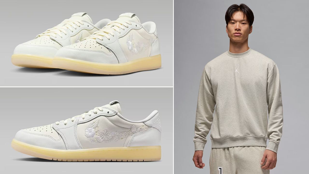 Air Jordan 1 Low OG Floral Swoosh x Jordan Sport Crossover Men's Dri-FIT Crew-Neck Sweatshirt Grey Heather