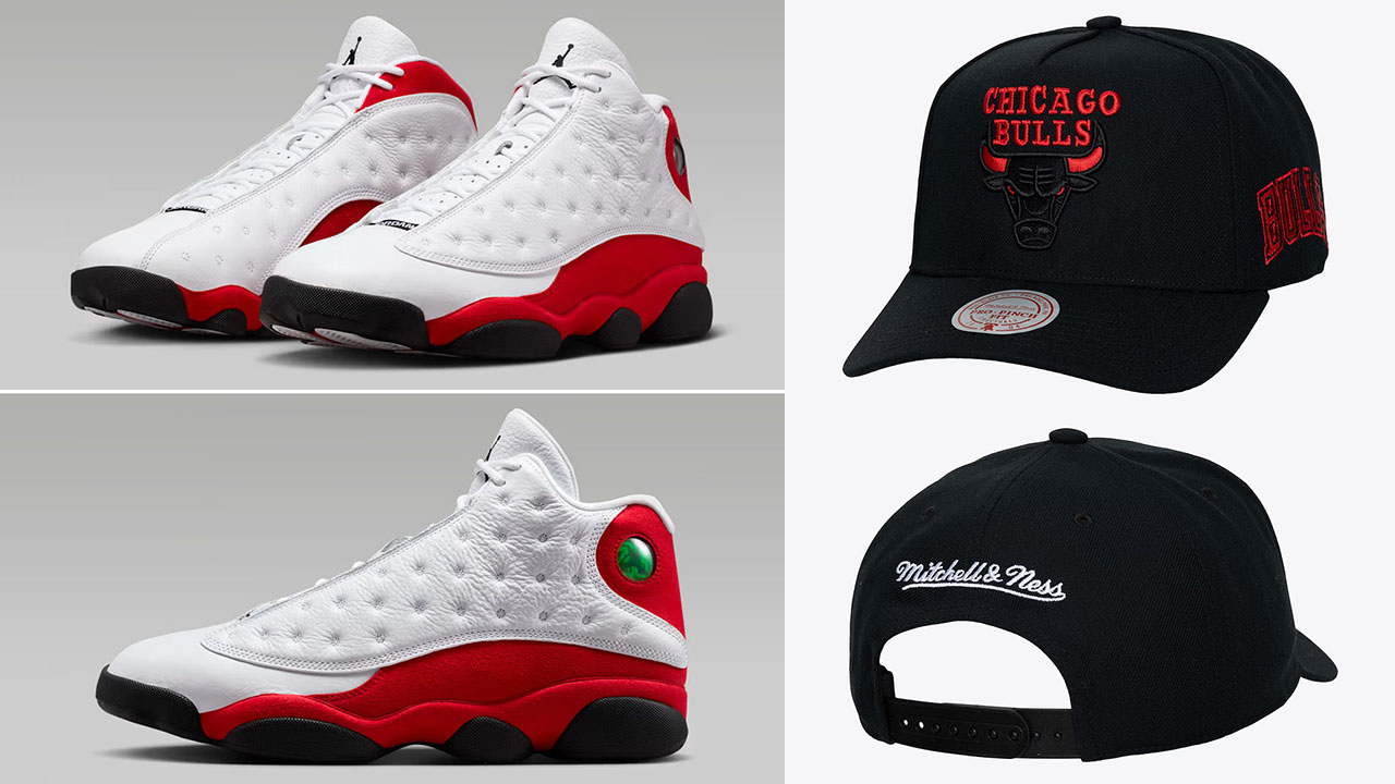 Air Jordan 13 Chicago Cherry 2026 x Chicago Bulls Mitchell & Ness Hardwood Classics Legendary Away Pro-Pinch Adjustable Hat Black Red White