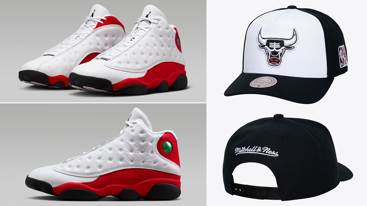Air Jordan 13 Chicago Cherry 2026 x Chicago Bulls Mitchell & Ness Hardwood Classics Legendary Away Pro-Pinch Adjustable Hat White Black Red