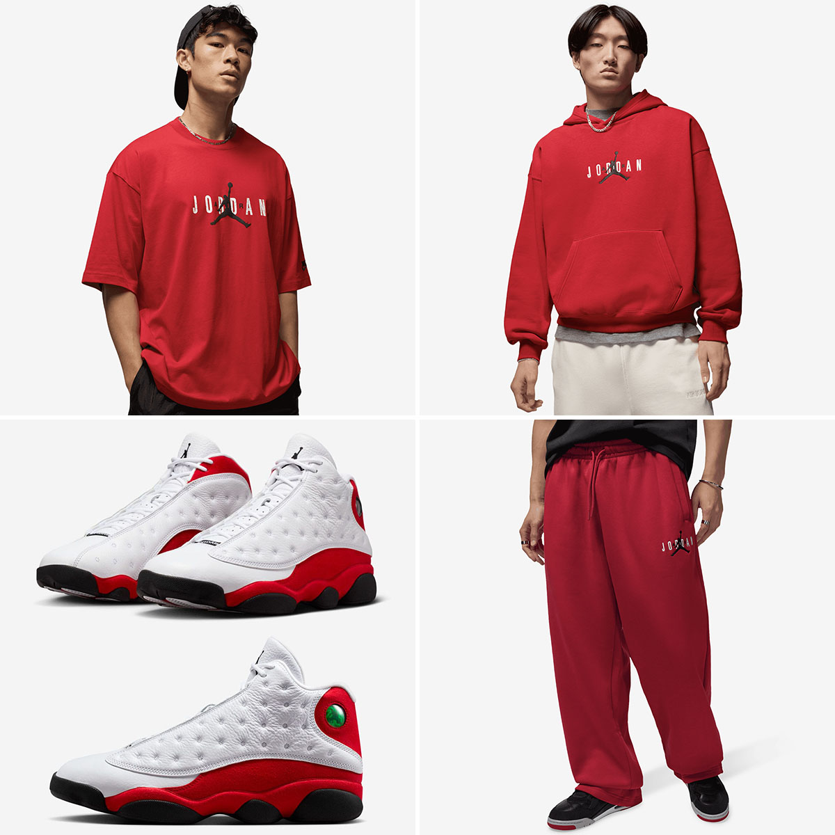 Air Jordan 13 Chicago Cherry 2026 x Jordan Brooklyn Mens Oversized Red T Shirt Hoodie Pants Outfit to Match Sneakers
