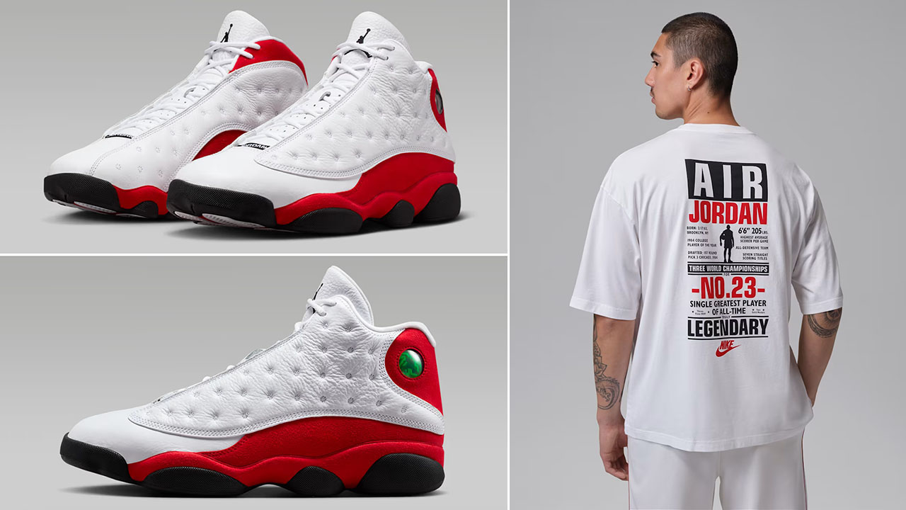 Air Jordan 13 Chicago Cherry 2026 x Jordan Flight Stats Men's T-Shirt White Black Red