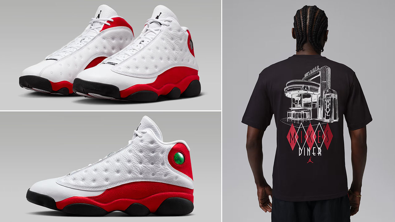 Air Jordan 13 Chicago Cherry 2026 x Jordan Mike's Diner Men's Graphic T-Shirt Black White Red