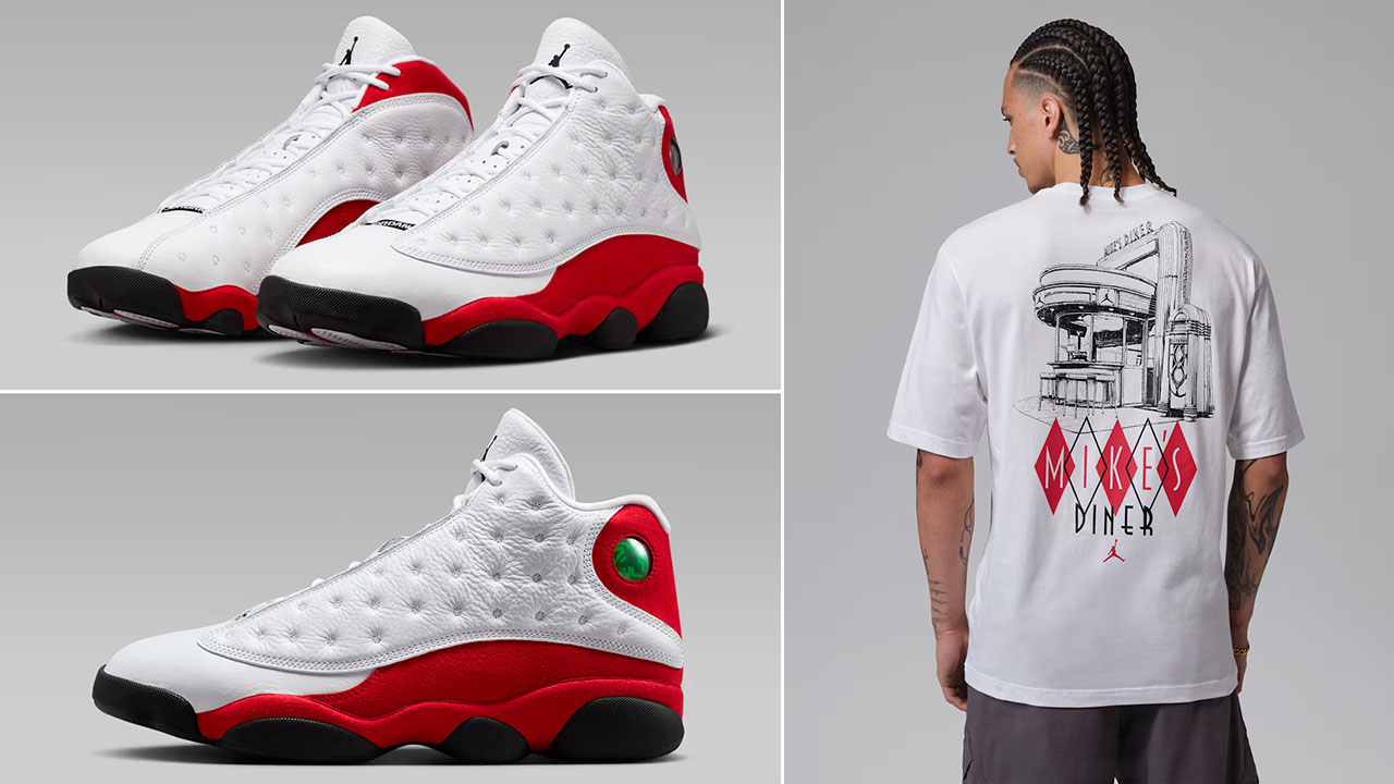 Air Jordan 13 Chicago Cherry 2026 x Jordan Mike's Diner Men's Graphic T-Shirt White Black Red