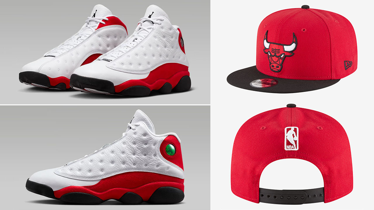 Air Jordan 13 Chicago Cherry 2026 x New Era Chicago Bulls 2 Tone Snapback Hat Red Black White