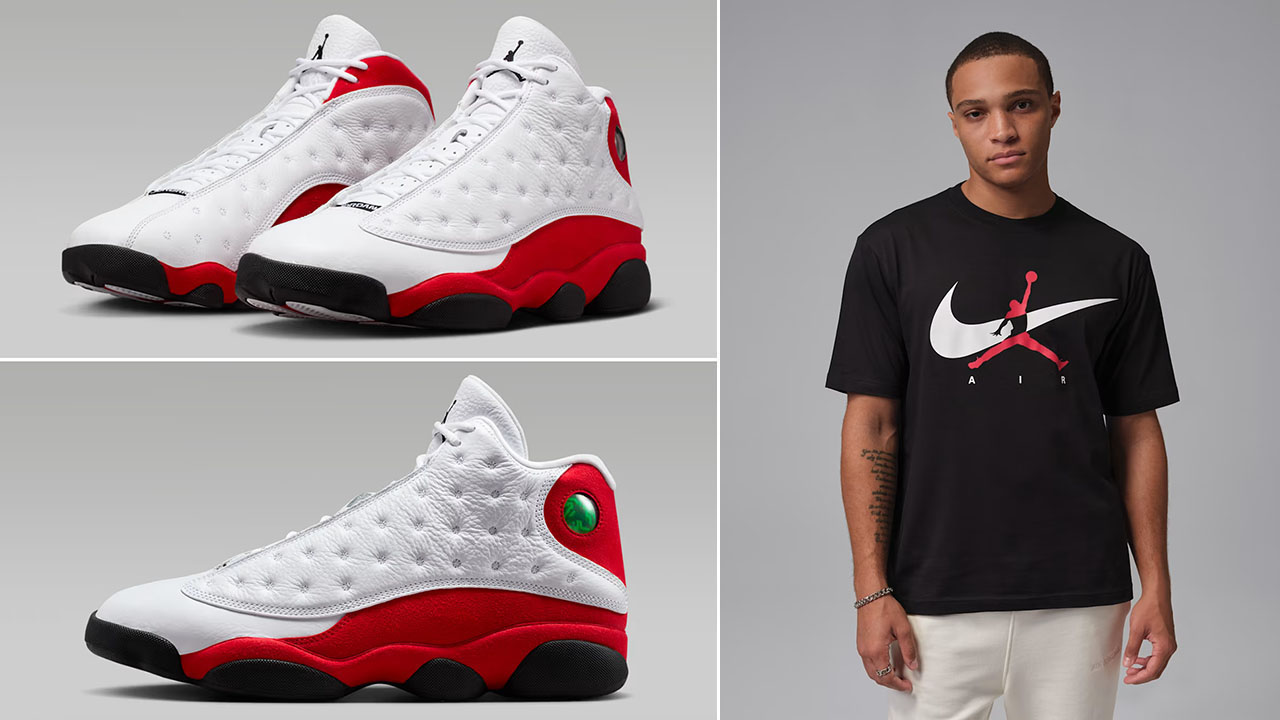 Air Jordan 13 Chicago Cherry Red 2026 x Jordan Brooklyn Jumpman Swoosh Mens T Shirt Black White Red