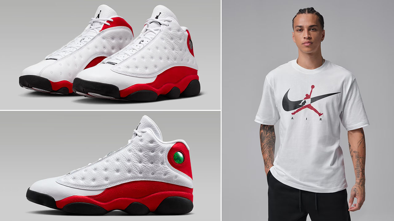 Air Jordan 13 Chicago Cherry Red 2026 x Jordan Brooklyn Jumpman Swoosh Mens T Shirt White Black Red