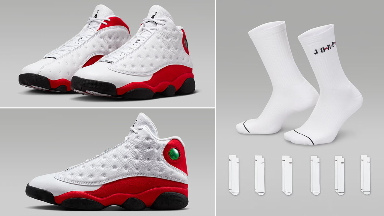 Air Jordan 13 Chicago Cherry Red 2026 x Jordan Everyday Crew Socks White Black Red