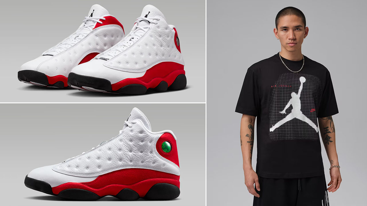Air Jordan 13 Chicago Cherry Red 2026 x Jordan Mens Jumpman Graphic T Shirt Black White Red