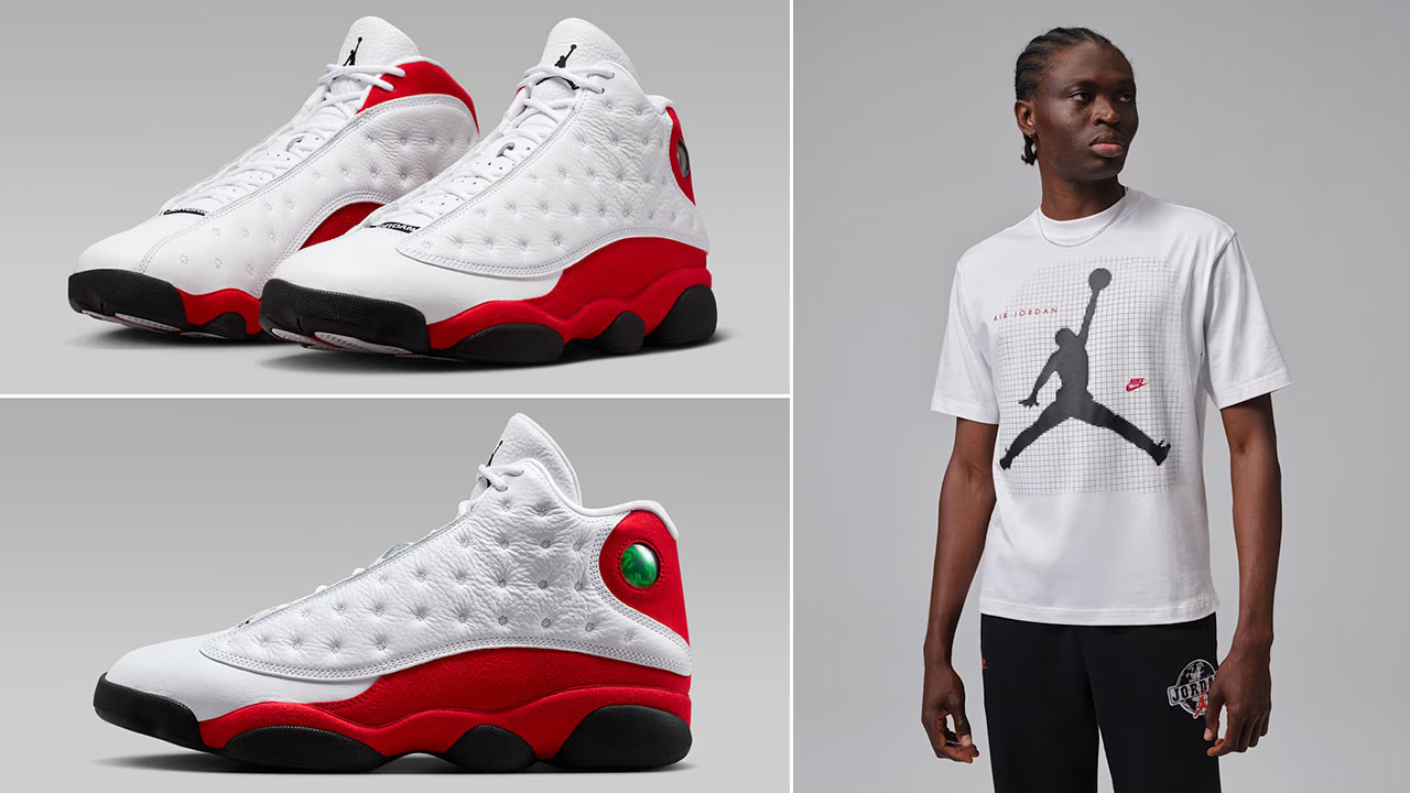 Air Jordan 13 Chicago Cherry Red 2026 x Jordan Mens Jumpman Graphic T Shirt White Black Red