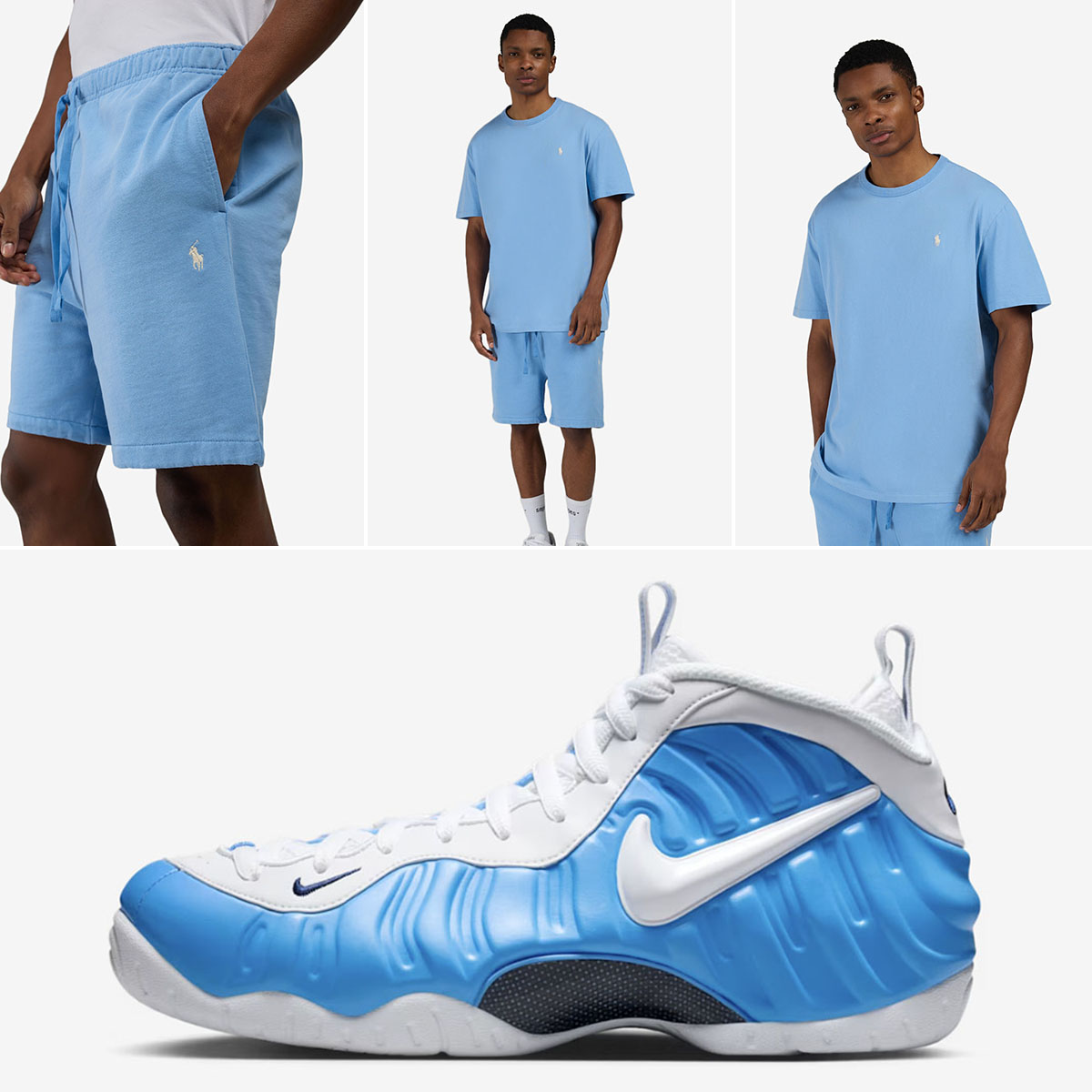 Nike Air Foamposite Pro University Blue 2026 x Polo Ralph Lauren Mens T Shirt and Shorts Outfit