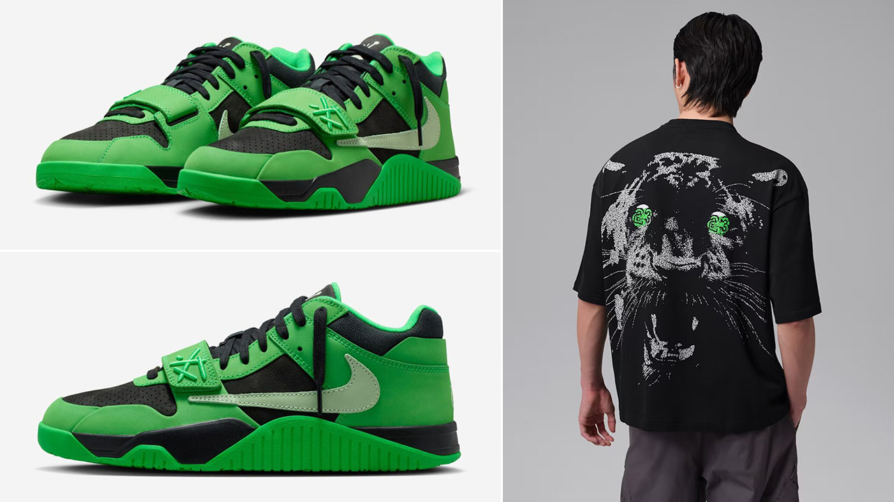Travis Scott x Jordan Jumpman Jack CJ1 T-Rexx Green Spark x Jordan Black Cat Oversized T Shirt Outfit to Match Sneakers