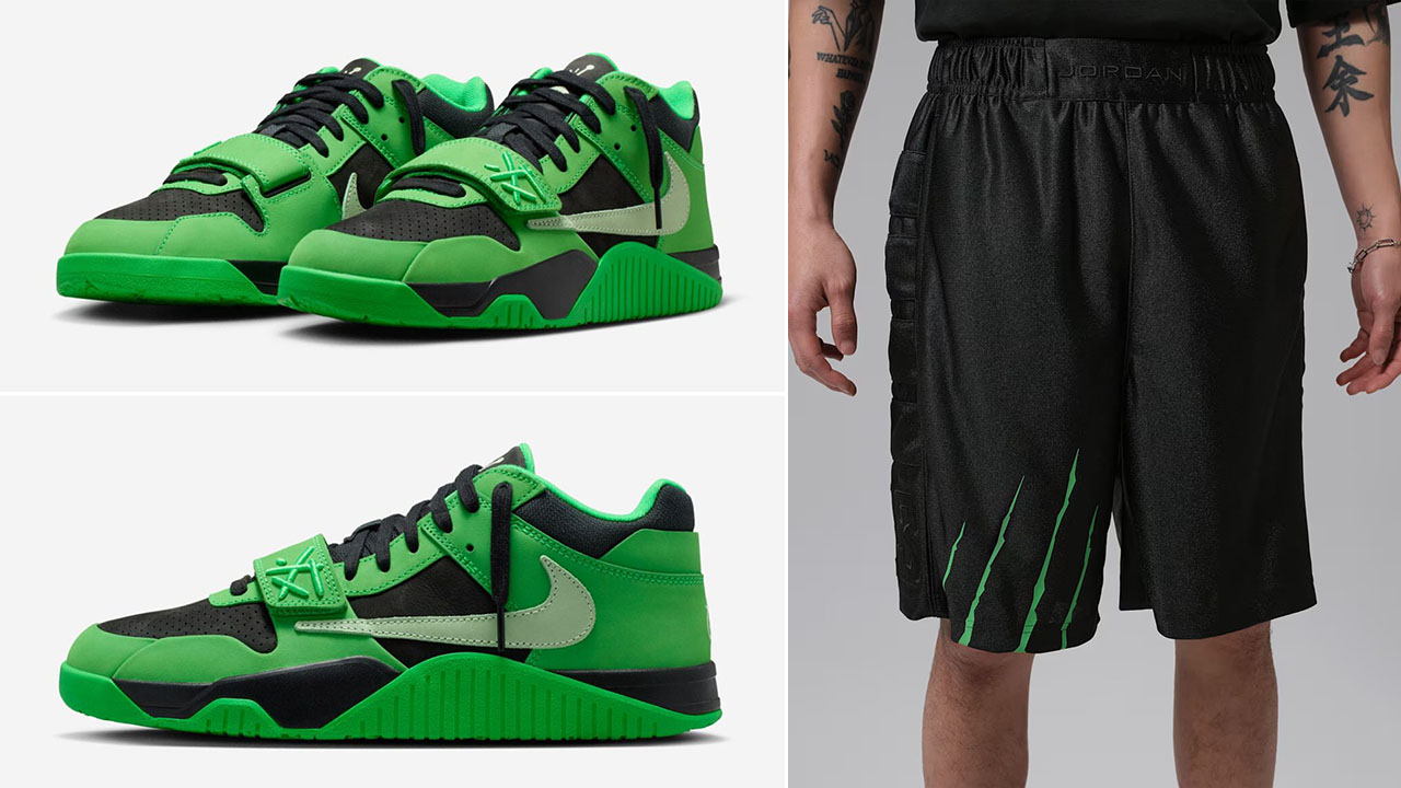 Travis Scott x Jordan Jumpman Jack CJ1 T-Rexx Green Spark x Jordan Black Cat Shorts Outfit to Match Sneakers