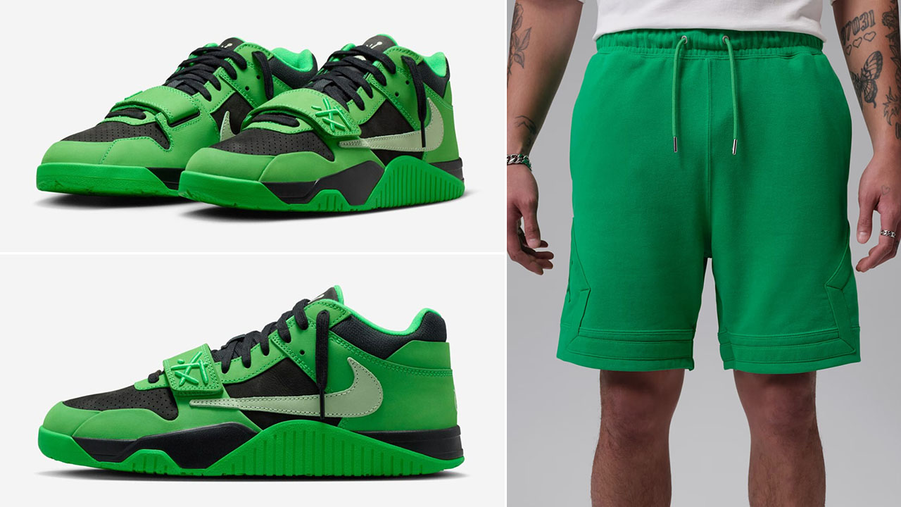Travis Scott x Jordan Jumpman Jack CJ1 T-Rexx Green Spark x Jordan Fleece Diamond Shorts Outfit to Match Sneakers