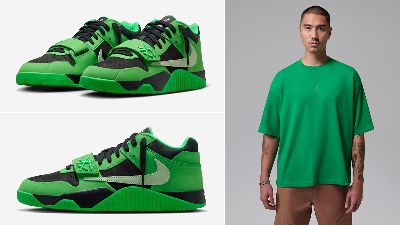 Travis Scott x Jordan Jumpman Jack CJ1 T-Rexx Green Spark x Jordan Flight Essentials Oversized T Shirt Outfit to Match Sneakers