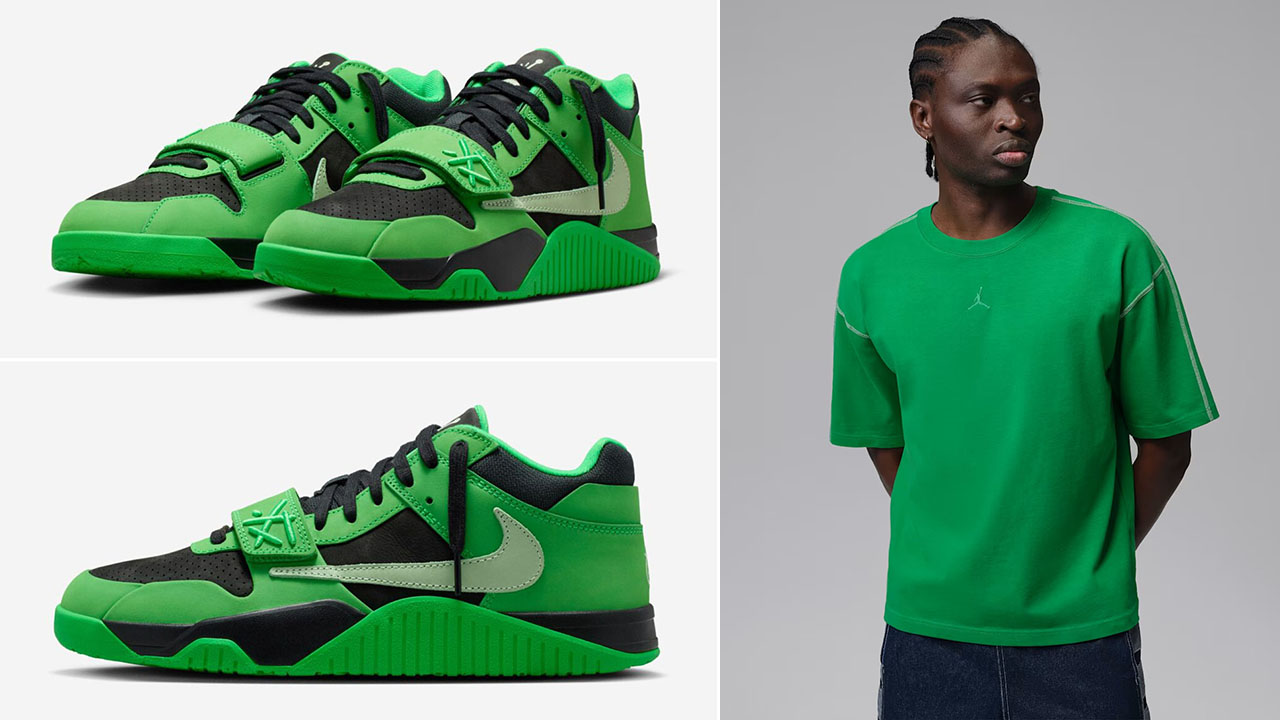 Travis Scott x Jordan Jumpman Jack CJ1 T-Rexx Green Spark x Jordan Flight Heavyweight Short Sleeve Top Outfit to Match Sneakers