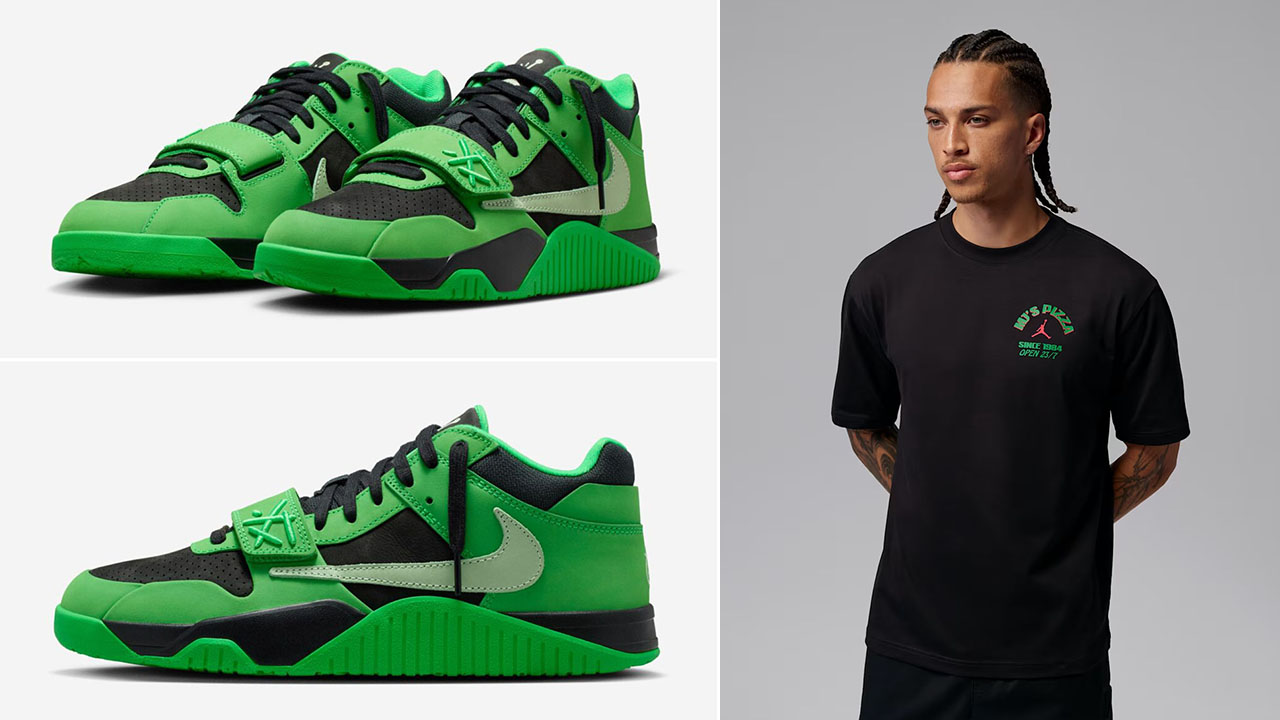 Travis Scott x Jordan Jumpman Jack CJ1 T-Rexx Green Spark x Jordan MJs Pizza T Shirt Outfit to Match Sneakers