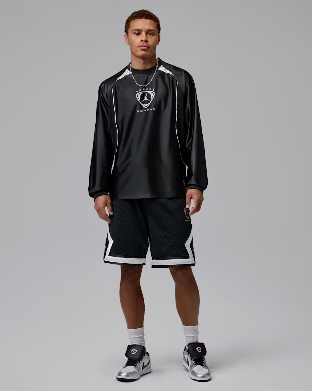 Air Jordan 1 Low Tiempo Metallic Silver Goalie Top Shirt and Shorts Outfit