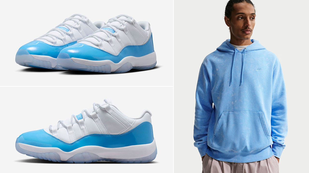 Air Jordan 11 Low UNC 2026 x Nike Club Fleece University Blue Mens Hoodie to Match Sneakers