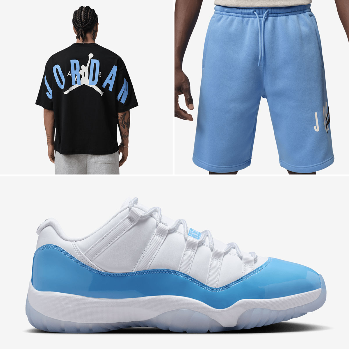 Air Jordan 11 Low UNC University Blue 2026 x Jordan Back Stretch Oversized T Shirt and Jordan Brooklyn Stretch Fleece Shorts Outfit