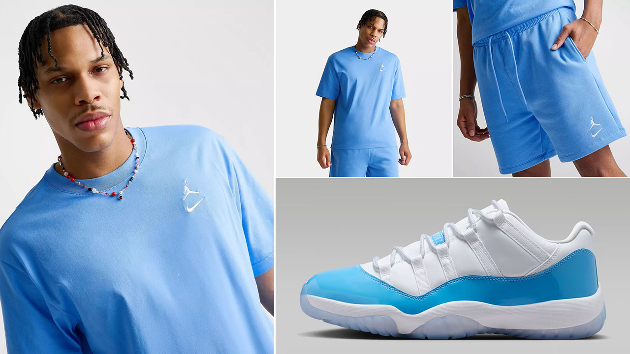 Air Jordan 11 Low UNC University Blue 2026 x Jordan Brooklyn Swoosh Logo T Shirt and Shorts Outfit to Match Sneakers