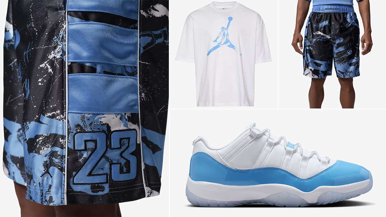 Air Jordan 11 Low UNC University Blue 2026 x Jordan Jumpman Oversized Shirt and Jordan Brooklyn Cat Scratch Shorts Outfit to Match Sneakers