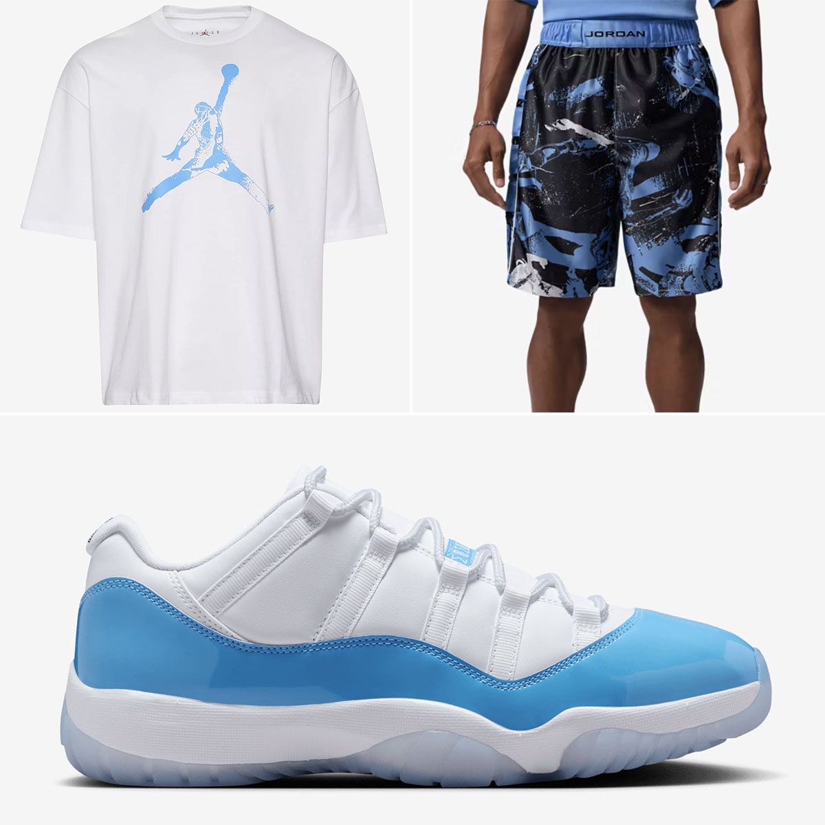 Air Jordan 11 Low UNC University Blue 2026 x Jordan Jumpman Oversized Shirt and Jordan Brooklyn Cat Scratch Shorts Outfit