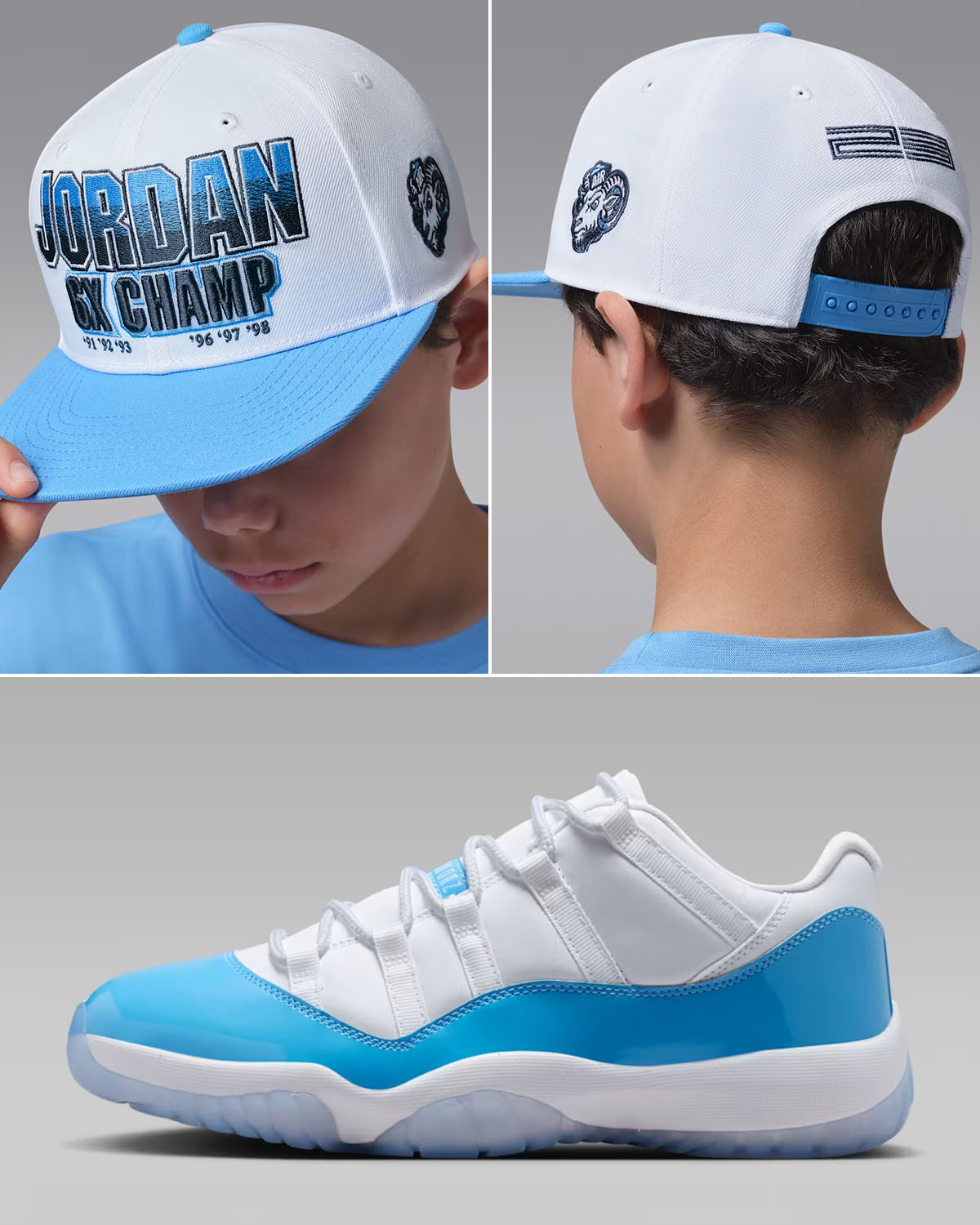 Air Jordan 11 Low UNC University Blue x Jordan AJ11 GOAT University Blue Retro Pro Cap Snapback Hat to Match Sneakers