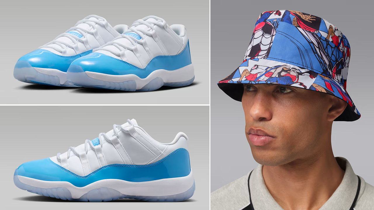 Air Jordan 11 Low UNC University Blue x Jordan Apex Reversible Bucket Hat to Match Sneakers