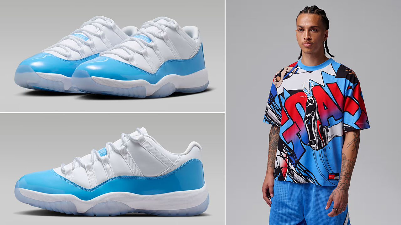 Air Jordan 11 Low UNC University Blue x Jordan Brooklyn Men’s Short-Sleeve Soccer Graphic T-Shirt Outfit to Match Sneakers