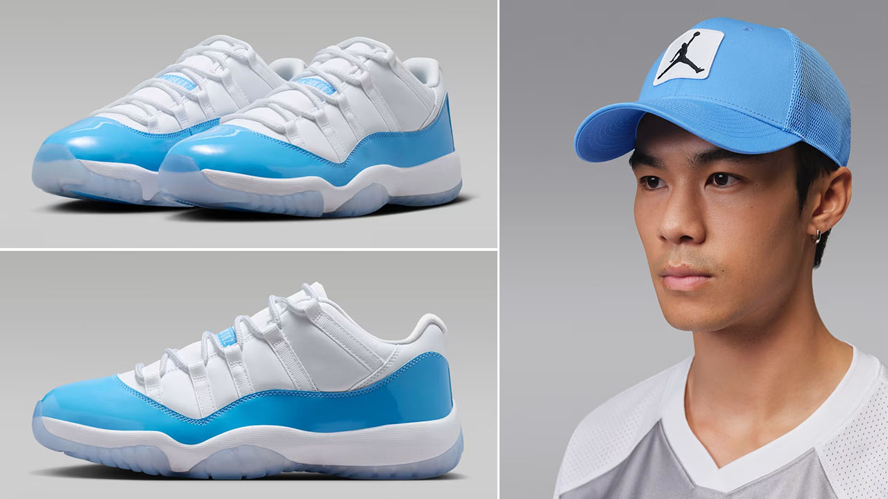 Air Jordan 11 Low UNC University Blue x Jordan Rise Trucker Snapback Hat to Match Sneakers