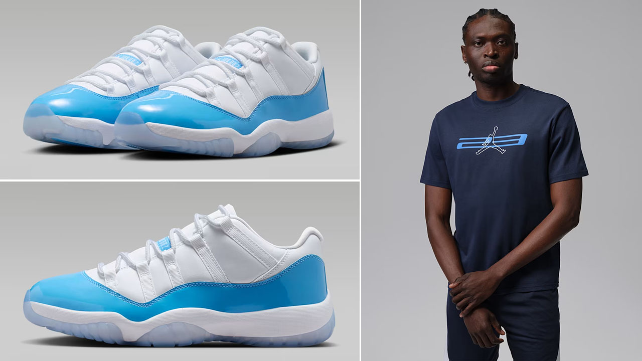 Air Jordan 11 Low UNC University Blue x Jordan Sport Men’s Dri-FIT Jumpman 23 Graphic T-Shirt Outfit to Match Sneakers