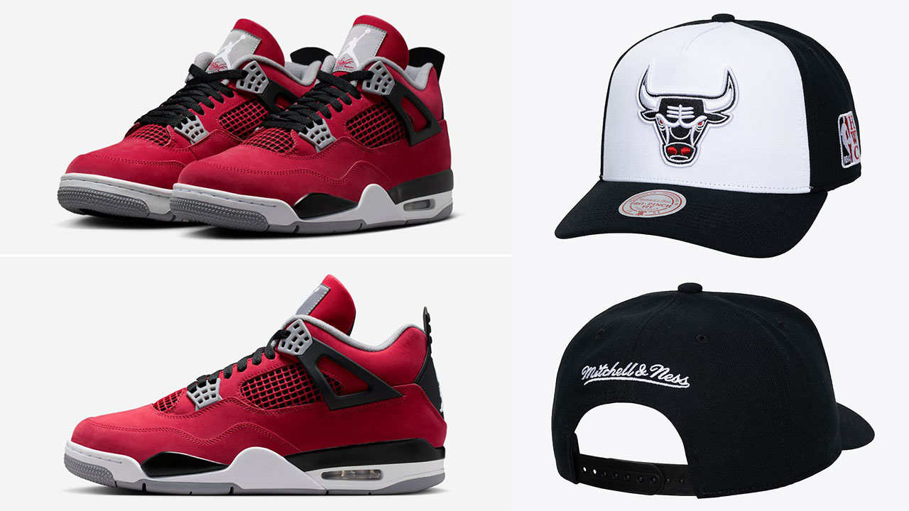 Air-Jordan-4-Toro-Bravo-2026-x-Chicago-Bulls-Mitchell-Ness-Hardwood-Classics-Legendary-Away-Pro-Pinch-Adjustable-Hat-White-Black-Red