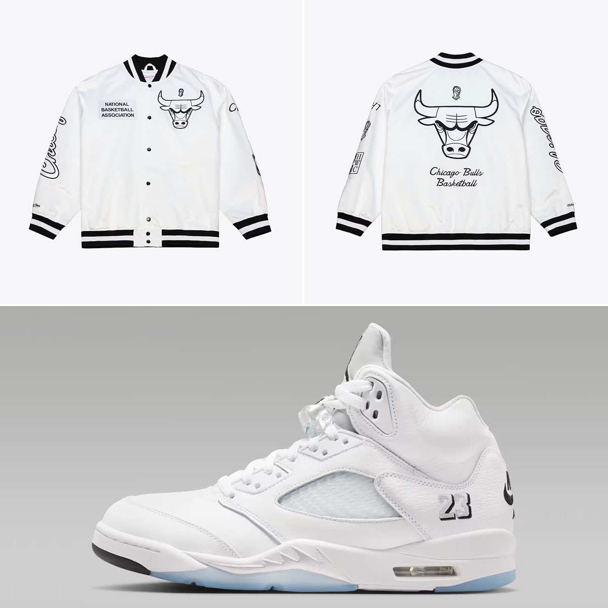 Air Jordan 5 White Metallic 2026 x Chicago Bulls Mitchell & Ness Arctic Lightweight Full-Snap Satin Jacket to Match Sneakers