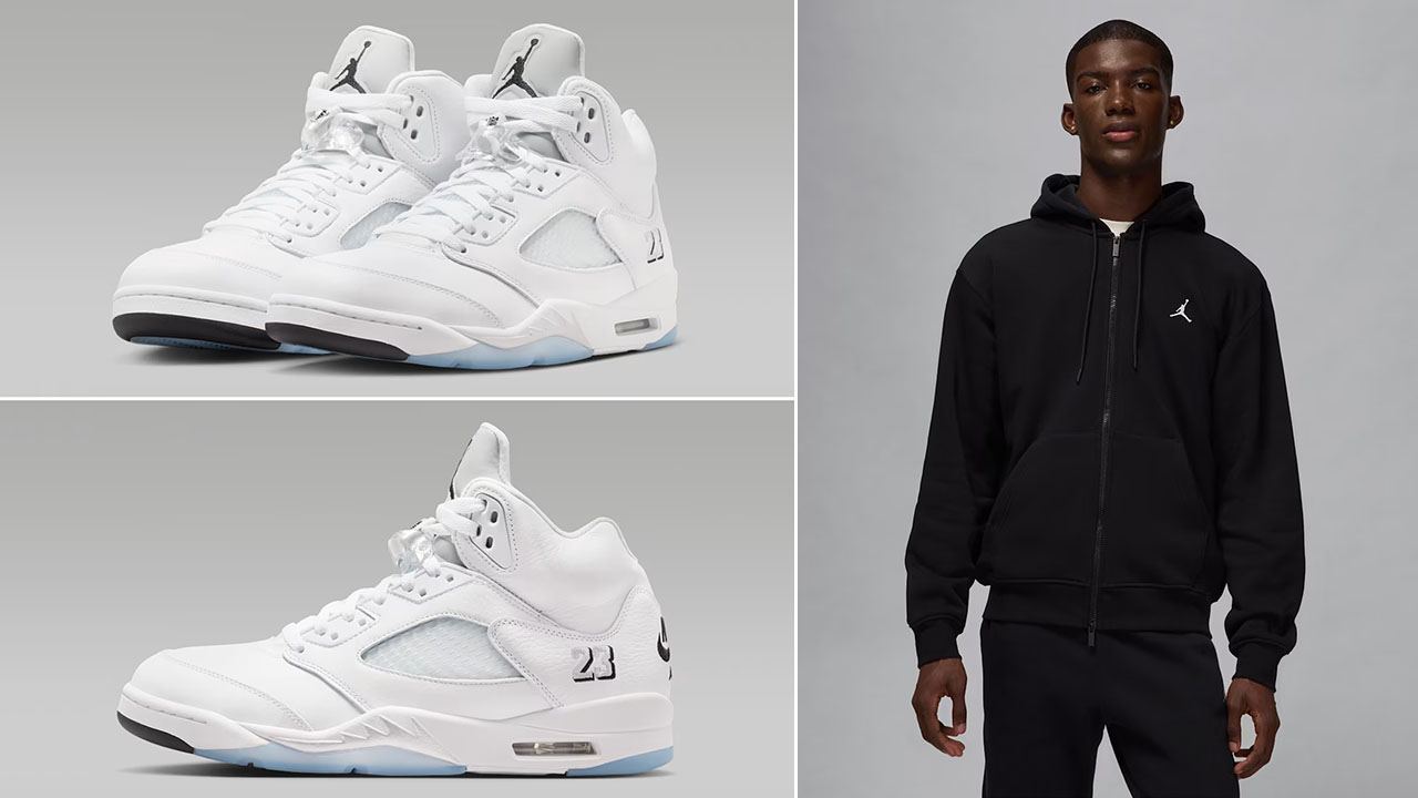 Air Jordan 5 White Metallic 2026 x Jordan Brooklyn Fleece Black White Full Zip Hoodie to Match Sneakers