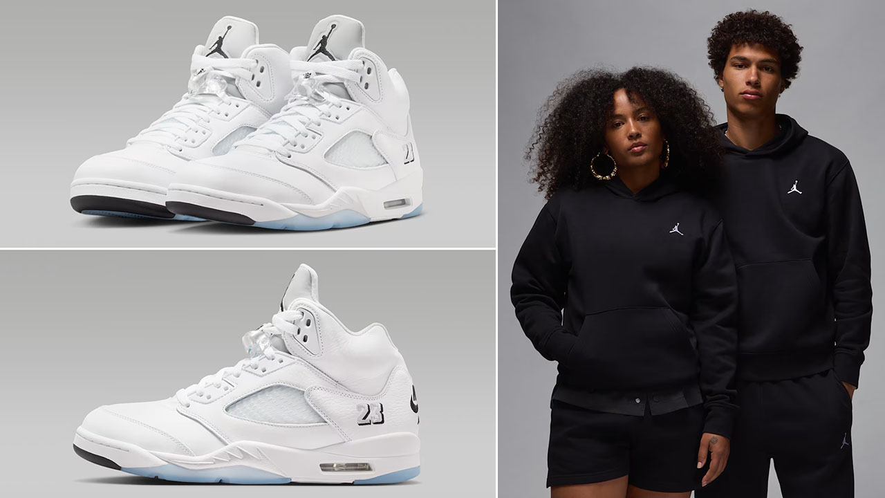 Air Jordan 5 White Metallic 2026 x Jordan Brooklyn Fleece Black White Pullover Hoodie to Match Sneakers