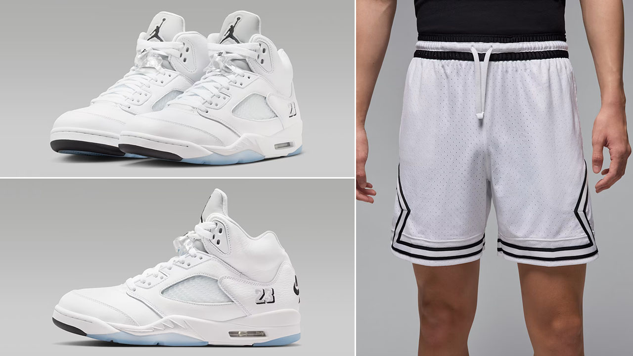 Air Jordan 5 White Metallic 2026 x Jordan Brooklyn Men's White Black Diamond Shorts to Match Sneakers