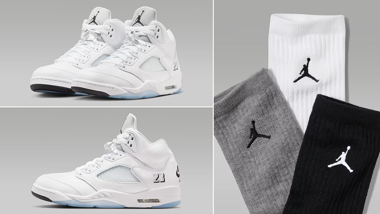 Air Jordan 5 White Metallic 2026 x Jordan Everyday Crew Socks to Match Sneakers