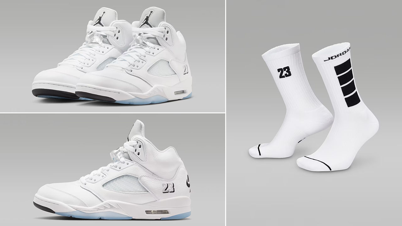 Air Jordan 5 White Metallic 2026 x Jordan Everyday White Black Crew Socks to Match Sneakers