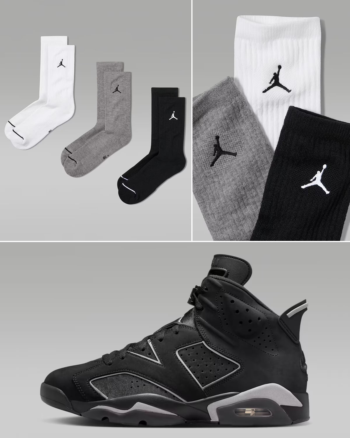 Air Jordan 6 Cap and Gown 2026 x Jordan Everyday Black Grey White Crew Socks to Match Sneakers