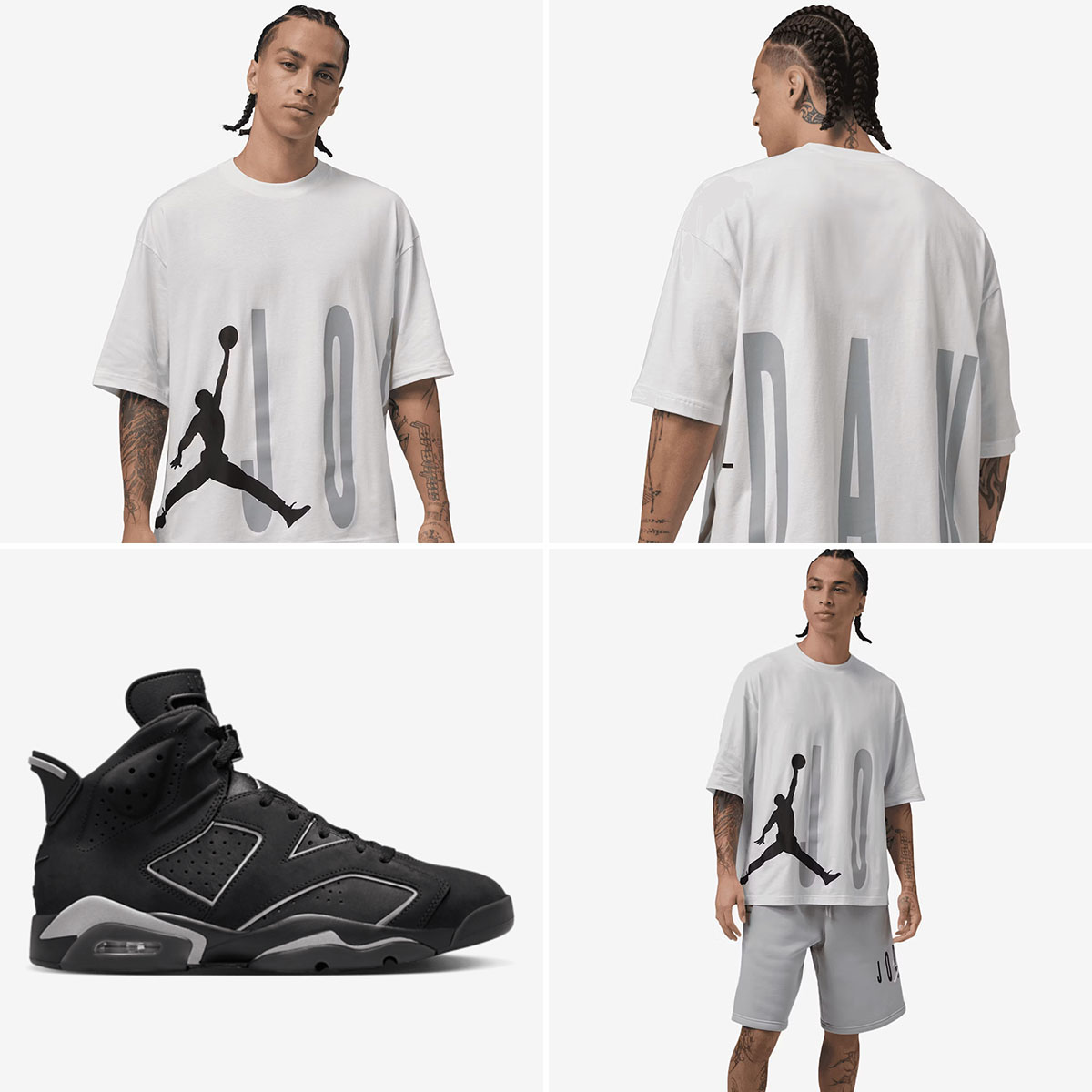 Air Jordan 6 Cap and Gown x Jordan Brooklyn Oversized Torso Stretch White T Shirt and Grey Fleece Shorts Outfit to Match Sneakers
