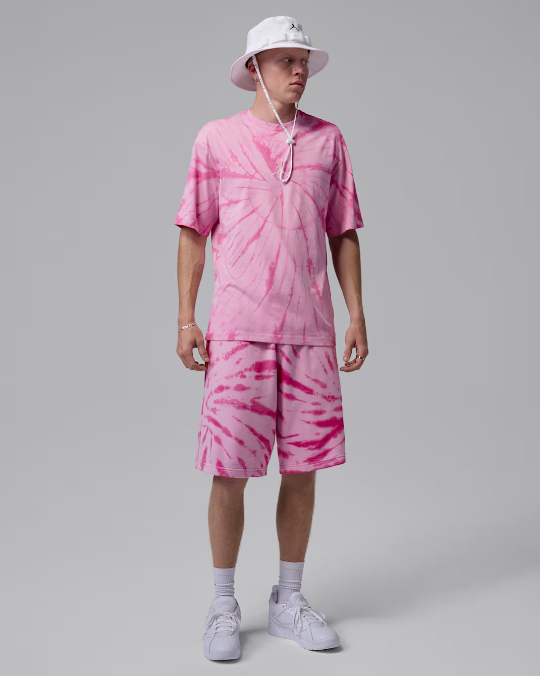 Jordan Brooklyn Tie Dye Festival Mens T Shirt and Fleece Shorts Iced Carmine Pinksicle Outfit