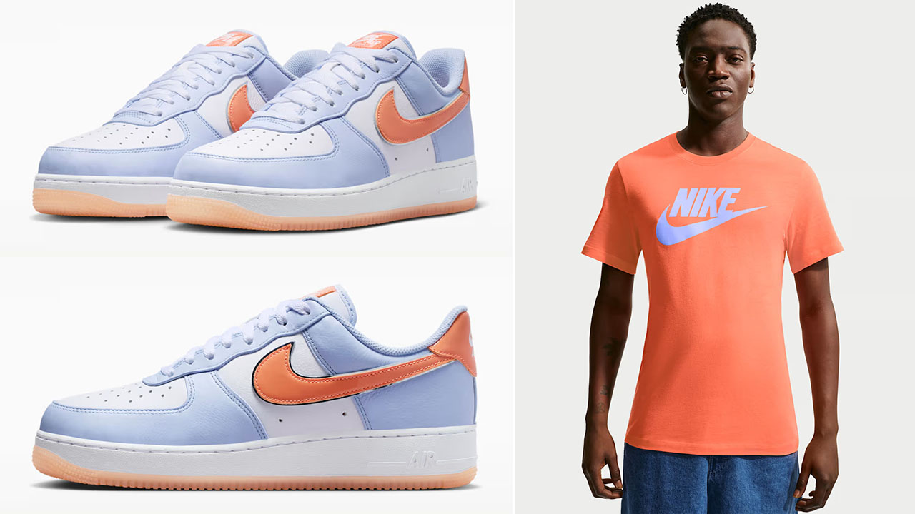 Nike Air Force 1 Low 07 Hydrogen Blue White Orange Frost x Nike Sportswear Mens T Shirt to Match Sneakers