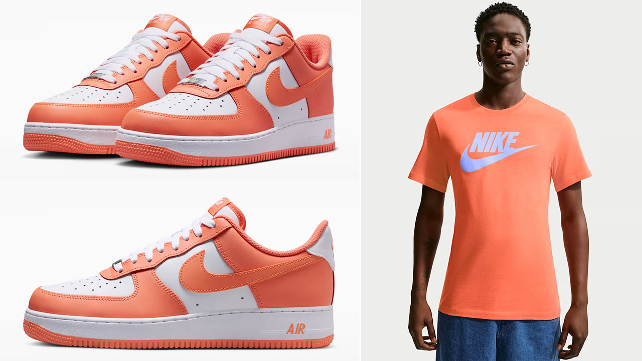 Nike Air Force 1 Low 07 Orange Frost White x Nike Sportswear Mens Logo T Shirt to Match Sneakers